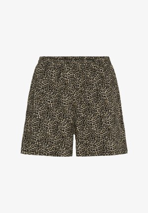 Shorts imprimés léopard en beige et noir. Dotés d'une taille élastique et d'un tissu léger. Design à coupe droite avec une texture subtile.