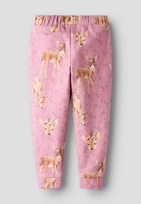Rosa leggings med ett mönster av rådjur, med flera rådjurillustrationer och blommiga detaljer. Tillverkade av mjukt, stretchigt material med resårmidja.