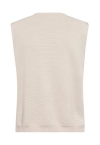 Beige ujjatlan pulóver, kerek nyakkivágás, puha textúra, bordázott alj, egyszerű dizájn, minták vagy fémrészek nélkül.