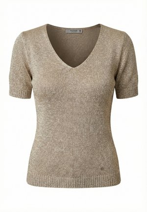 Suéter de punto beige de manga corta con cuello en V y puños y dobladillo acanalados, con una textura sutilmente brillante.