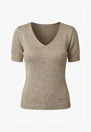 Maglione corto a maniche corte color beige con scollo a V e polsini e orlo a costine, caratterizzato da una sottile trama scintillante.