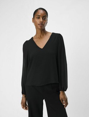 Schwarze Bluse mit V-Ausschnitt, langen transparenten Ärmeln und relaxtem Schnitt. Glatte Textur und geraffte Akzente an den Ärmelbündchen.