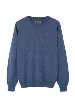 Modrá mikina s okrúhlym výstrihom vyrobená z mäkkej úpletovej látky. Má rebrované manžety a lem a malú vyšívanú postavičku na hrudi.