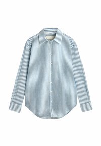 Lichtblauwe button-up shirt met verticale donkerblauwe strepen, een klassieke kraag, lange mouwen en een gebogen zoom. Gemaakt van een gestructureerde stof.
