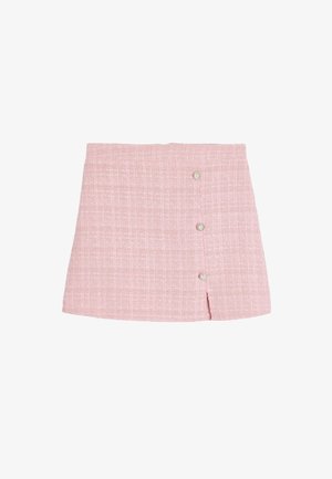 Roze tweed mini-rok met een getextureerd patroon, voorzien van drie voorknopen en een zijsplit voor een extra ontwerpelement.