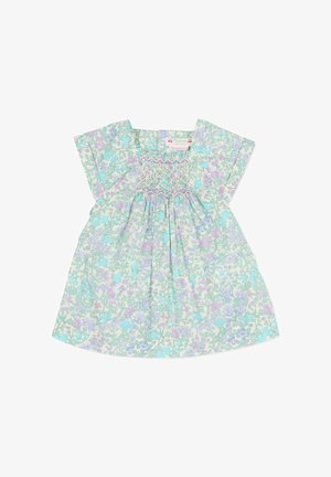 Bloemenjurk met korte mouwen, met een gesmokte taille, in lichtblauw en pastelpaars, versierd met kleine bloemmotieven op zachte stof.