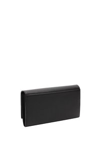 Cartera de cuero negro con forma rectangular, textura suave y diseño de doblez. Presenta costuras limpias y ningún hardware visible.