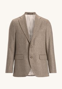 Braune Fischgrät-Blazer aus strukturiertem Stoff mit zwei Fronttaschen und zwei Knöpfen. Innenfutter aus glattem Material.