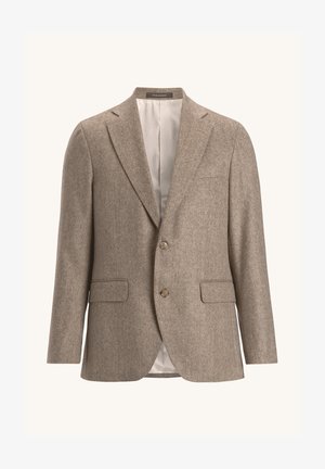 Blazer in motivo a spina di pesce marrone realizzato in tessuto testurizzato, con due tasche frontali e due bottoni. Interno foderato in materiale liscio.