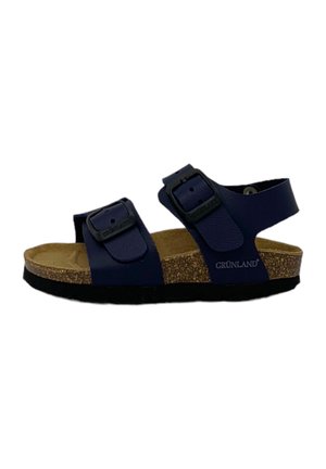 Sandalo blu navy con punta aperta, due cinturini regolabili con fibbia, plantare in sughero, suola nera e cinturino posteriore per una calzata sicura.
