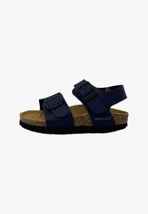 Sandalo blu navy con punta aperta, due cinturini regolabili con fibbia, plantare in sughero, suola nera e cinturino posteriore per una calzata sicura.