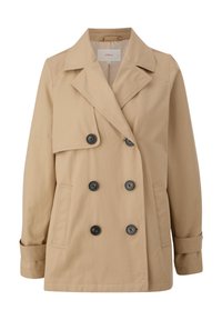 Trench-coat beige avec un devant à double boutonnage, de gros boutons noirs et un col cranté. Comprend des poches latérales et des manches retroussées.