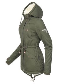 Olive green parka jacket, featuring a faux fur-lined hood, drawstring waist, and double chest pockets with metal accents.