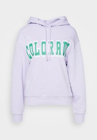 Felpa color lavanda con il testo "COLORADO" in verde e bianco sul petto, cappuccio con cordini, maniche lunghe e polsini e orlo a coste.