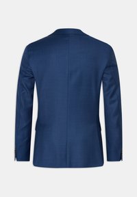 Granatowa marynarka o gładkiej teksturze, z jednym rozcięciem z tyłu, klapami typu notch oraz mankietami na trzy guziki. Profesjonalny krój i dopasowany design.