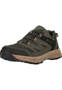 Vihreä- ja mustavärinen vedenpitävä vaelluskengä, jossa on beige pohja, verkkokuvioitu päällinen ja Whistler-logo sivulla.