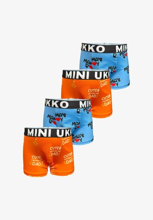 Boxer da ragazzi colorati in blu e arancione, con divertenti design testuali. Elastico nero in vita con il marchio "MINI UKKO". Set di quattro.