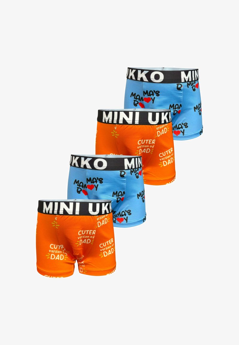 Värikkäät poikien boxerit sinisessä ja oranssissa, joissa on leikkisiä tekstitarjouksia. Musta elastinen vyötärönauha, jossa on "MINI UKKO" -brändäys. Neljän pakkauksen setti.