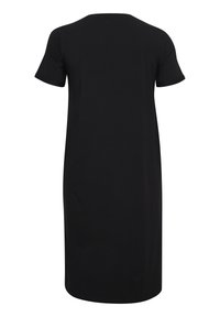 Vestido negro de manga corta con corte relajado, con un escote redondo y tejido liso y uniforme. Diseño hasta la rodilla sin acentos visibles.