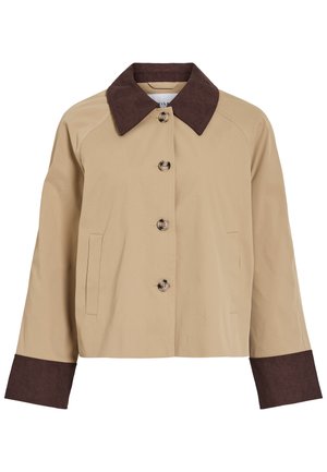 Beige kort jakke med mørk brun kordfløyelskrage og mansjetter, fire knapper foran og to sidelommer.