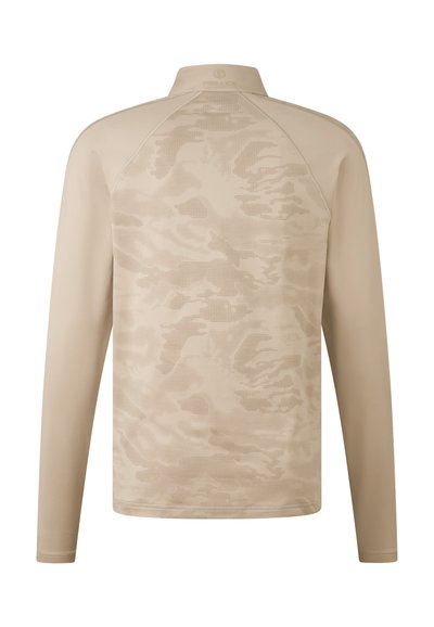 Beiges Langarmhemd mit hohem Kragen, das ein strukturiertes Tarnmuster und Raglanärmel aufweist. Hergestellt aus glattem, leichtem Stoff.