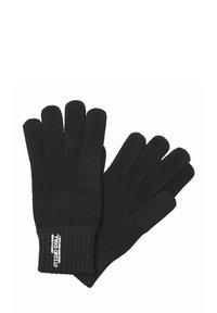 Guantes de punto negros con aberturas para los dedos, con puños acanalados y una pequeña etiqueta de logo blanca. Textura suave en toda la superficie.