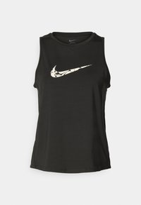 Czarny bezrękawnik sportowy Nike Dri-FIT z białym wzorem w kwiaty i logotypem Nike w kształcie swoosh z przodu.