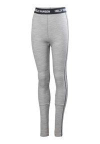 Szare legginsy wykonane z fakturowanej tkaniny, z czarnym pasem w talii z logo "Helly Hansen" oraz akcentami w postaci bocznych pasków.