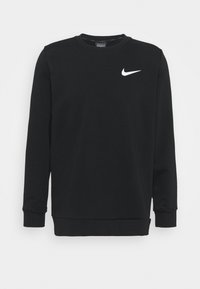 Black long-sleeve Nike sweatshirt with crew neck and white Nike swoosh logo on the upper left chest.
