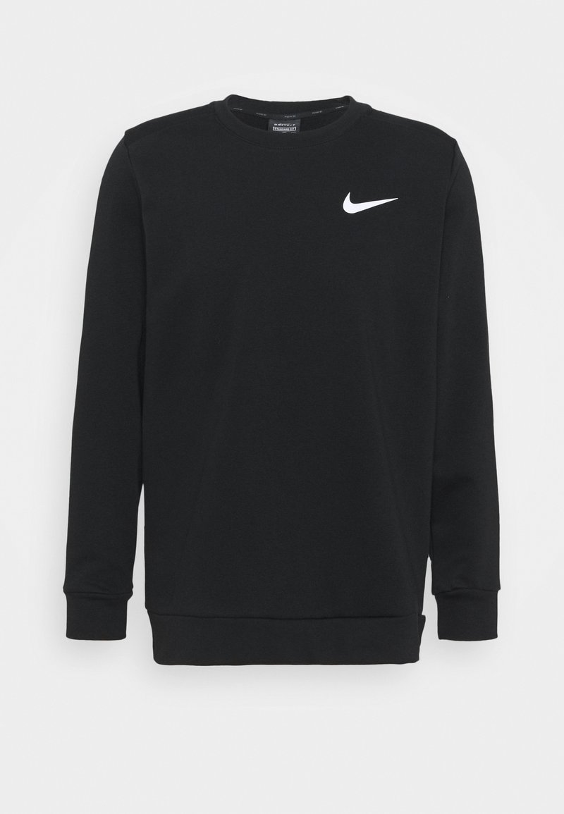 Black long-sleeve Nike sweatshirt with crew neck and white Nike swoosh logo on the upper left chest.