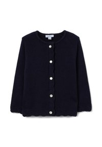 Cardigan lavorato a maglia blu navy con bordi ondulati, caratterizzato da bottoni argento lungo la parte frontale e un motivo texturizzato all'orlo e alle maniche.