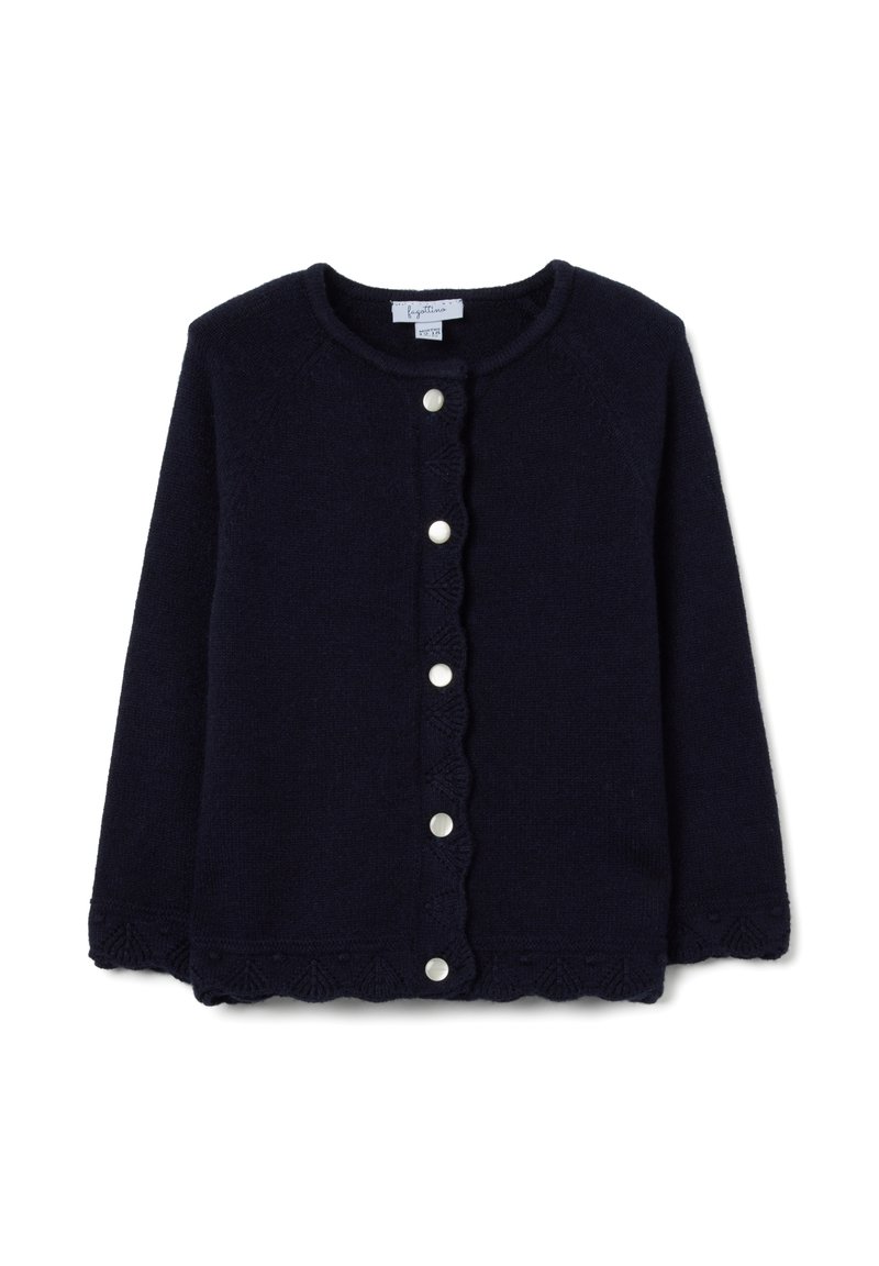 Cardigan lavorato a maglia blu navy con bordi ondulati, caratterizzato da bottoni argento lungo la parte frontale e un motivo texturizzato all'orlo e alle maniche.
