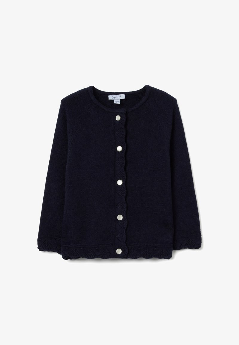 Cardigan lavorato a maglia blu navy con bordi ondulati, caratterizzato da bottoni argento lungo la parte frontale e un motivo texturizzato all'orlo e alle maniche.