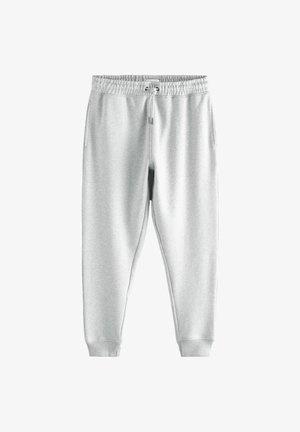 Gray sweatpants with a drawstring waistband, two side pockets, and fitted ankles, made from soft, textured fabric.