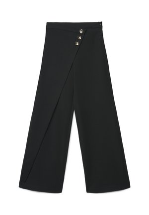 Pantaloni neri a gamba larga con vita alta, caratterizzati da un design a incrocio diagonale e tre bottoni decorativi dorati sulla parte anteriore.