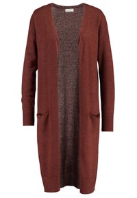 Ruosteen värinen pitkä neuletakki pehmeästä kankaasta, jossa syvä V-kaula-aukko, avoin etuosa ja kaksi etutaskua resorikavennuksilla hihansuissa.