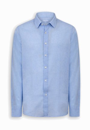 Camicia azzurro chiaro a maniche lunghe con colletto, sette bottoni bianchi frontali e un design a vestibilità comoda.
