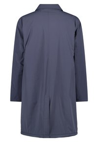 Long, navy blue coat made of smooth, lightweight fabric. Features a collar, long sleeves, and a straight cut with side pockets.