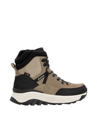 Braune und schwarze wasserdichte Wanderstiefel mit einer strukturierten Oberseite, gepolstertem Kragen und einer dicken weißen Mittelsohle, ausgestattet mit Schnürhaken und einer verstärkten Ferse.