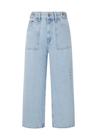 Ljust blå denim culotter med hög midja, två framfickor och kontrasterande sömmar. Rakt skurna ben som sträcker sig till mitten av vaden.