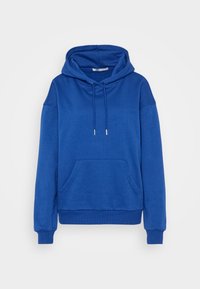 Felpa blu realizzata in tessuto morbido, con tasca frontale, cappuccio con cordino e polsini a coste. Design semplice senza motivi o decorazioni.