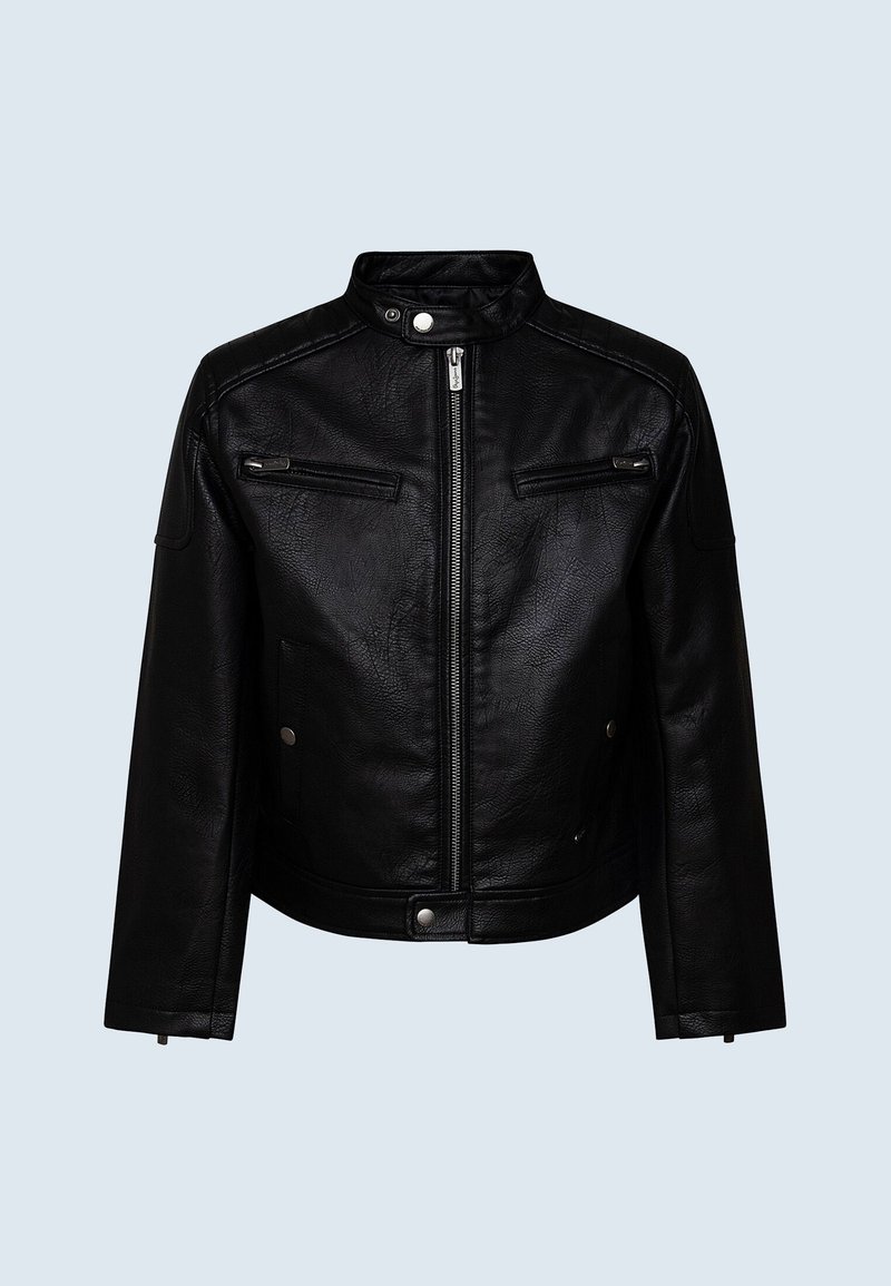 Black leather jacket with zip-up front, snap collar, two chest zip pockets, and long sleeves against a light gray background.