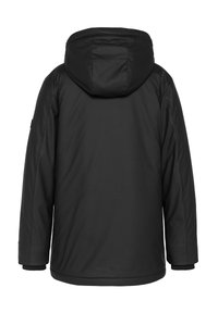 Schwarze Kapuzenjacke mit glatter Textur, sichtbaren Nähten und gerippten Bündchen. Hat einen geraden Schnitt und ein minimalistisches Design.
