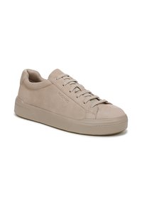 Beige suede sneakers with round toe, lace-up front, and slight platform sole. Minimal design with a subtle logo on the side.