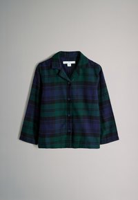 Camicia a quadri abbottonata in verde scuro e blu navy, con colletto, maniche lunghe e design squadrato. Tessuto morbido in cotone con una texture liscia.