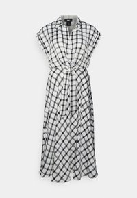 Šaty ke kolenům s černobílým kostkovaným vzorem. Krátké rukávy, zavázaný pas, zapínání na knoflíky vpředu a lehký materiál.