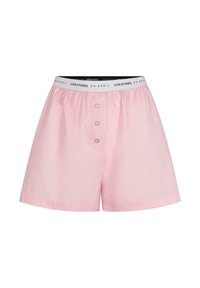 Rosa Baumwollshorts mit einem elastischen Bund und Logo-Druck. Besitzt drei dekorative Knöpfe auf der Vorderseite und eine lockere Passform.