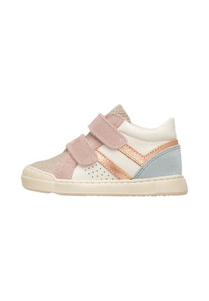 Velcro-strap sneaker in white, pink, and blue suede; features a textured toe cap, perforations, and metallic accents on the sides.