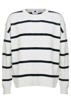 Weißer Strickpullover mit schwarzen horizontalen Streifen, langen Ärmeln und Rundhalsausschnitt, mit lässiger Passform.