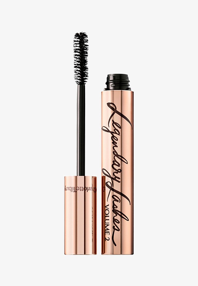 Mascara-Tube in Roségold mit glänzender Oberfläche, beschriftet mit "Legendary Lashes Volume 2", begleitet von einem schwarzen Borstenapplikator.